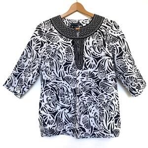 St Tropez West Linen Blouse Sz M Women's Tunic Top Linen Rayon Blend Black White